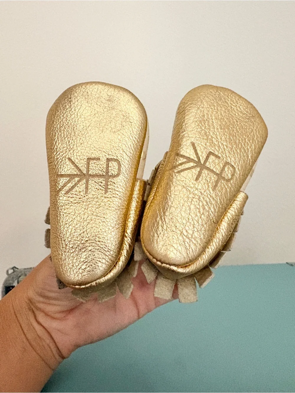 Freshly Picked Infant Cream Leather Moccasin Shoes with Gold Dots